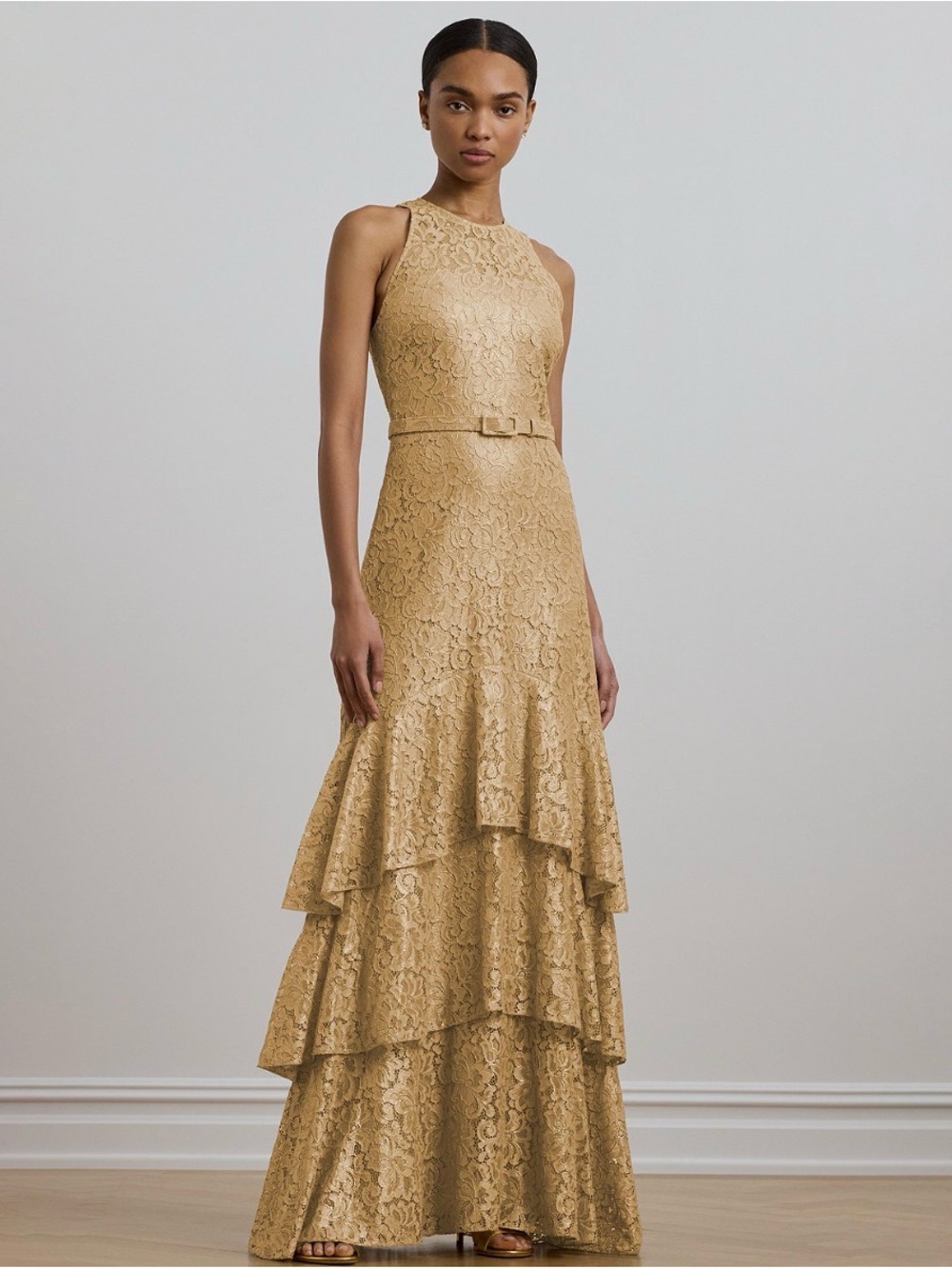 Lauren Ralph Lauren Women's Metallic Lace Tiered Gown Size 6